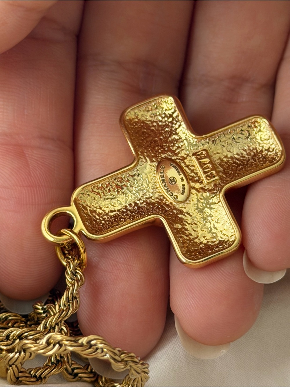 Gold Chanel Cross CC Pendant Necklace with Pearl Center - Picture 7 of 17